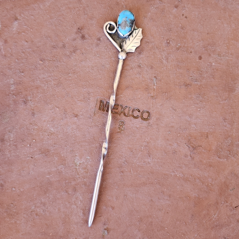 Native American Sterling Turquoise Hair Pin Stick Feather Leaf Signed R Platero
